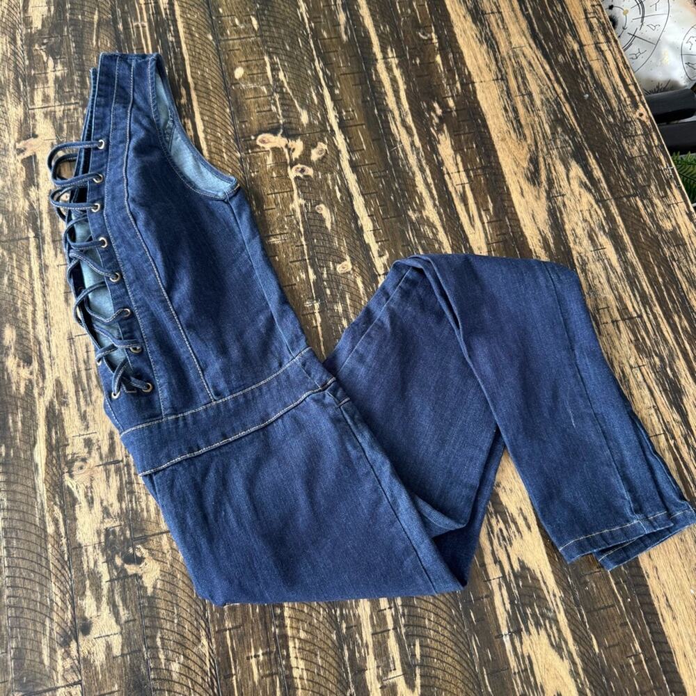 MEBON - Blue Denim Lace-Up Stretch Fitted Jumpsuit - MEDIUM - Picture 15 of 17